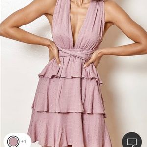 Lulus - All About Bliss Mauve Swiss Dot Tiered Halter Mini Dress